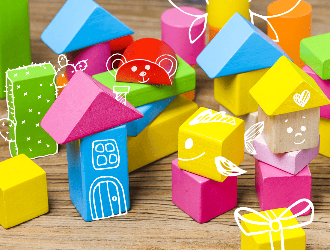 Colorful building blocks with playful doodles at Kid's Country